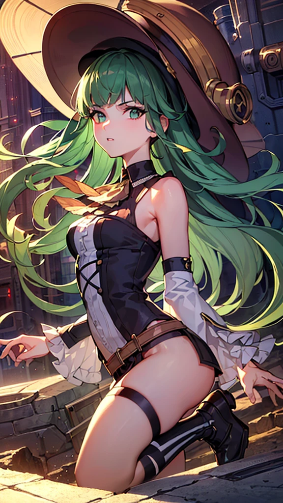 masterpiece, highest quality, (solo focus), (perfect face:1.1), (full body), (high detail:1.1), (hyper detailed eyes), dramatic, a woman with paleskin and long dark green hair, bright green eyes, solo, arrogant expression, neon cybernetic outfit, white background, art by artgerm, cinematic lighting, fashion, BalenciagaStyle