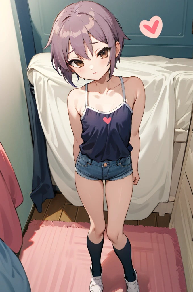 masterpiece, best quality, highres, ny1,,looking viewer,,spoken heart,6yo,(ite), ,camisole,denim shorts,socks,expressionless,flat chest, my room