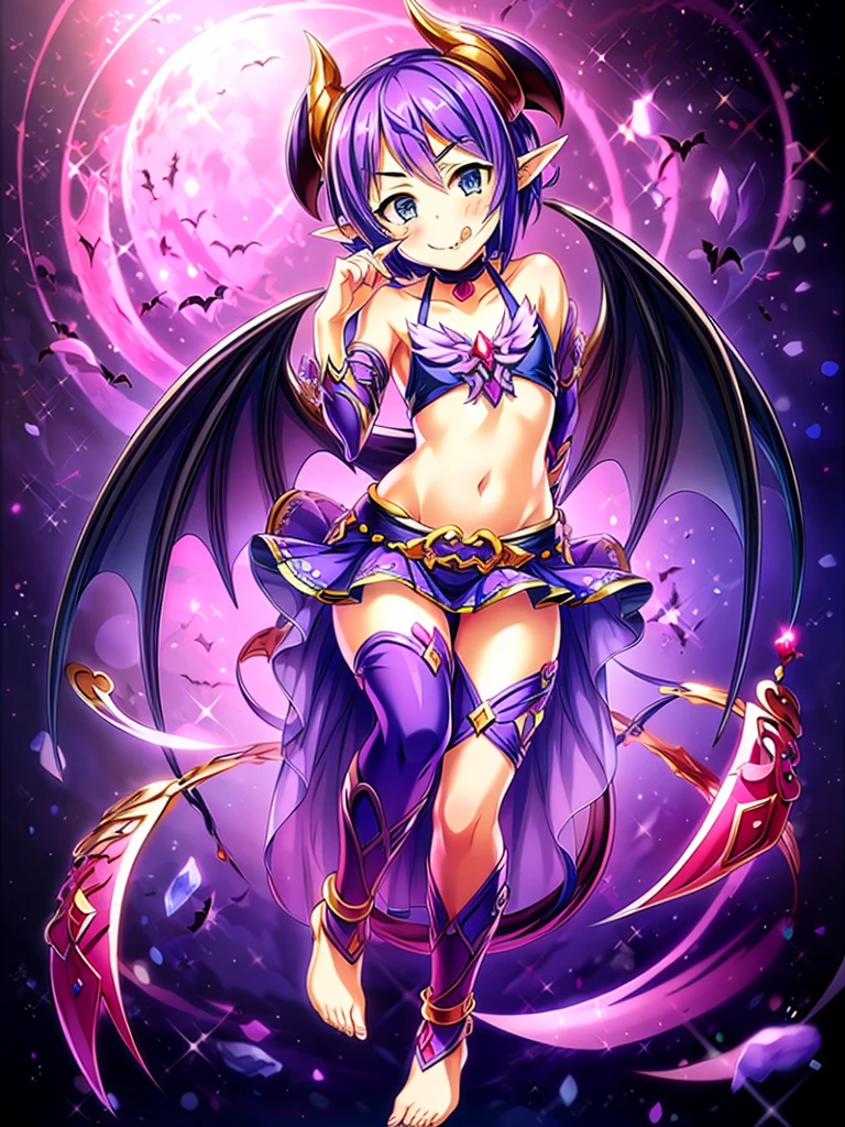 (masterpiece:1.2), (highest quality:1.2), 1girl, solo, horns, tongue, tongue-out, tail, :q, blue-eyes, barefoot, navel, skirt, pointy-ears, purple-hair, demon-girl, blush, short-hair, demon-tai, looking-at-viewer, simple-background, bare-shoulders, smil, demon-wings, full-body, choker, demon-horns, ribbon, naughty-face, collarbone, jewelry, purple-bow, purple-skirt, midriff, finger-to-mouth, hear, bangs, belt, bow, purple-ribbon, see-through, standin, standing-on-one-leg, bat-wings, flat-chest, ((miniskirt)), closed-mouth, leg-up, purple-wings, anklet, tsurim, purple-choker, hand-up
