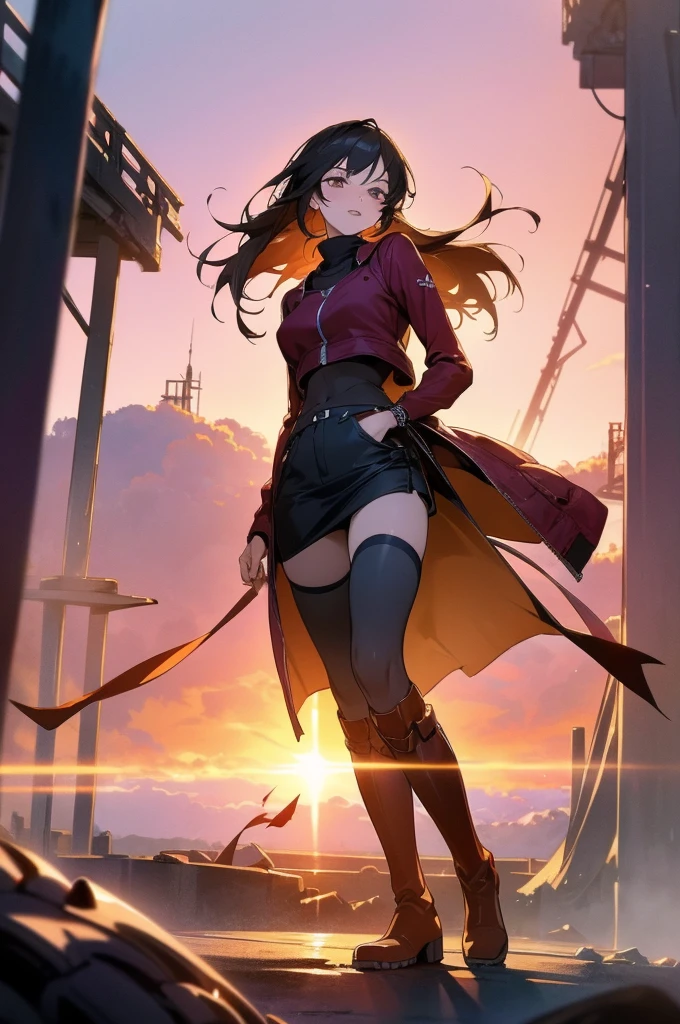 (best quality,4k,8k,highres,masterpiece:1.2),ultra-detailed,realistic:1.37,portrait,detailed eyes,detailed lips,elegant,alluring,seductive,Noble woman's clothing,post apocalyptic setting,dystopian scene,debris-filled background,hauntingly beautiful,soft lighting,vibrant colors,moody atmosphere full body portrait, epic perspective, dramatic lighting, aesthetically pleasing anime style, red sunset skies, knee high boots, slim and athletic body, urban casual tech wear