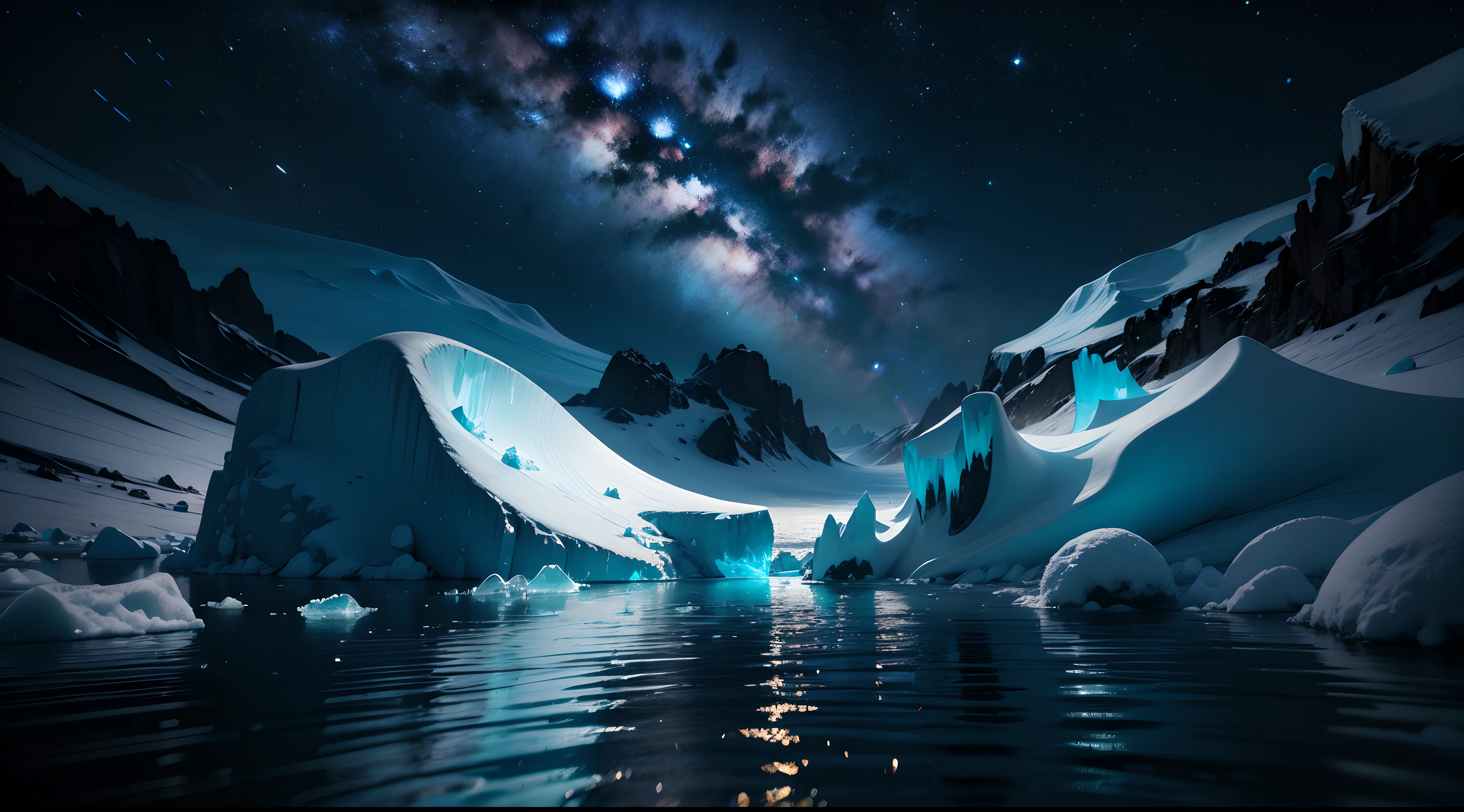 ice field, icebergs, middle of an ocean, dark evening, barely visible, ultra realistic, night sky, work of art, ultra HD, super detaill, best qualityer, ray tracing, cinematic lighting