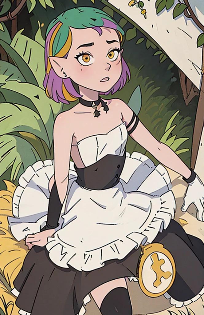 masterpiece, best quality, amity_blight, S1 hair, looking at viewer, blush, short hair, open mouth, smile, thighhighs, gloves, dress, bare shoulders, brown eyes, yellow eyes, green hair, multicolored hair, flat chest, alternate costume, choker, pointy ears, elbow gloves, black thighhighs, white gloves, apron, black dress,  maid, maid headdress, strapless, black choker, short dress, waist apron, strapless dress, maid apron, wide-eyed, enmaided,  outdoors,