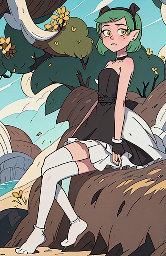 masterpiece, best quality, amity_blight, S1 hair, looking at viewer, blush, short hair, open mouth, smile, thighhighs, gloves, dress, bare shoulders, brown eyes, yellow eyes, green hair, multicolored hair, flat chest, alternate costume, choker, pointy ears, elbow gloves, black thighhighs, white gloves, apron, black dress,  maid, maid headdress, strapless, black choker, short dress, waist apron, strapless dress, maid apron, wide-eyed, enmaided,  outdoors,