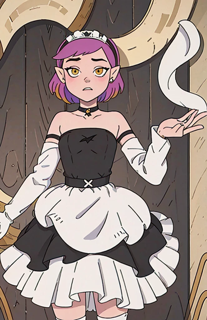 masterpiece, best quality, amity_blight, S1 hair, looking at viewer, blush, short hair, open mouth, smile, thighhighs, gloves, dress, bare shoulders, brown eyes, yellow eyes, green hair, multicolored hair, flat chest, alternate costume, choker, pointy ears, elbow gloves, black thighhighs, white gloves, apron, black dress, maid, maid headdress, strapless, black choker, short dress, waist apron, strapless dress, maid apron, wide-eyed, enmaided, outdoors,