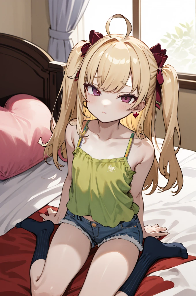 masterpiece, best quality, highres, hmtr, two side up, long hair, ahoge, hair ribbon, red ribbon, earrings,,looking viewer,,spoken heart,6yo,(petite), ,camisole,denim shorts,socks,expressionless,flat chest, my room