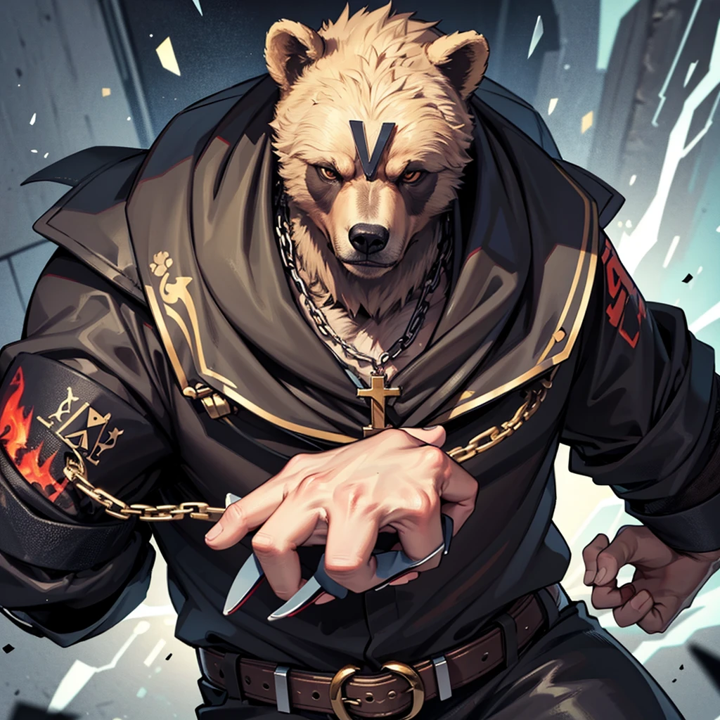 Generate image of a bear, detailed, Best Quality, furious state, eyes covered with crosses, in gangster clothes, whole body