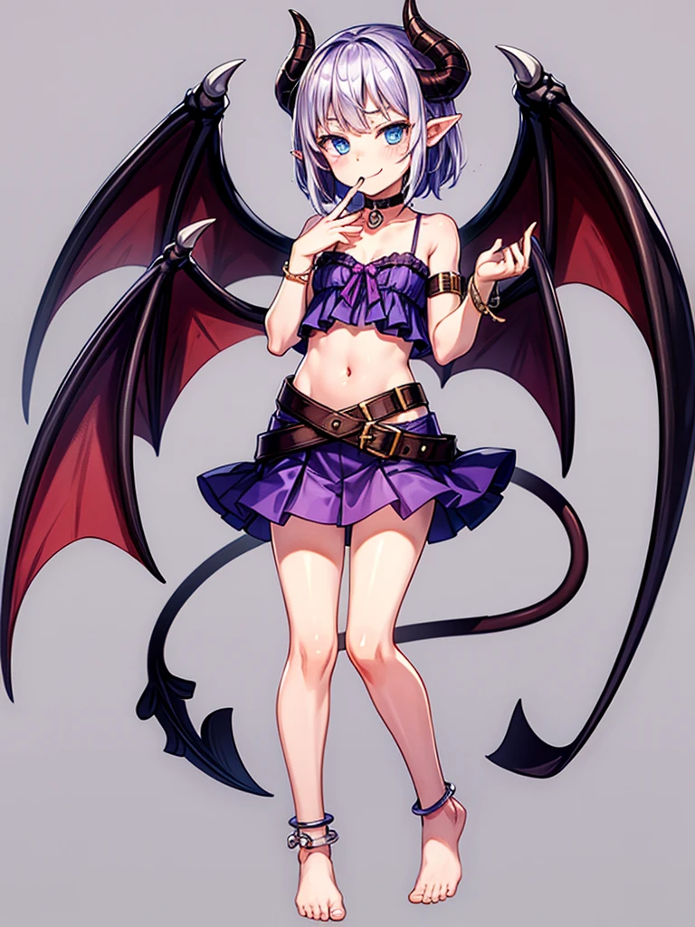 (masterpiece:1.2), (highest quality:1.2), 1girl, solo, horns, tongue, tongue-out, tail, :q, blue-eyes, barefoot, navel, skirt, pointy-ears, purple-hair, demon-girl, blush, short-hair, demon-tai, looking-at-viewer, simple-background, bare-shoulders, smil, demon-wings, full-body, choker, demon-horns, ribbon, naughty-face, collarbone, jewelry, purple-bow, purple-skirt, midriff, finger-to-mouth, hear, bangs, belt, bow, purple-ribbon, see-through, standin, standing-on-one-leg, bat-wings, flat-chest, ((miniskirt)), closed-mouth, leg-up, purple-wings, anklet, tsurim, purple-choker, hand-up
