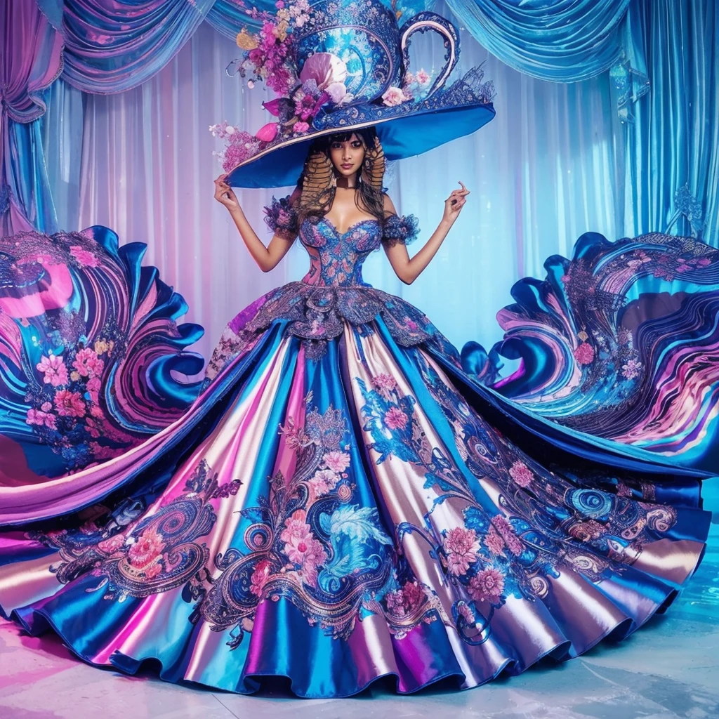 A stunning (((brown indian woman with black hair))) dazzles in a grand, high-fashion Wonderland dress—silky, flowy, and vibrant in blue, pink, and purple. Psychedelic swirls and embroidered appliqués create an intricate, surreal Alice in Wonderland vibe. Topped with a giant teacup hat and set against an ethereal Wonderland backdrop, this ensemble is an insanely breathtaking vision of cohesive, conceptual high fashion.