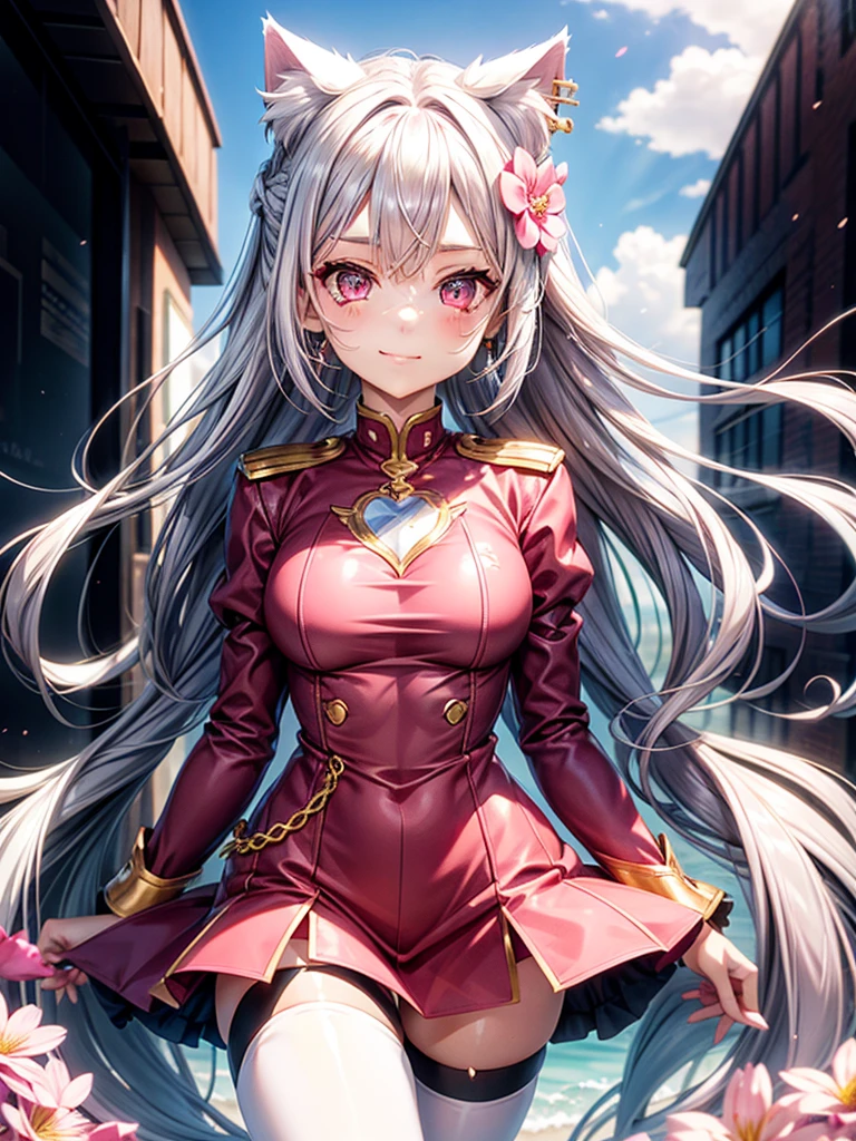 Silver hair, pink eyes, body, cat ears, adult girl, earrings, flower sky background, red pink gold uniform, hair bows, happy face, thigh up, holding cat