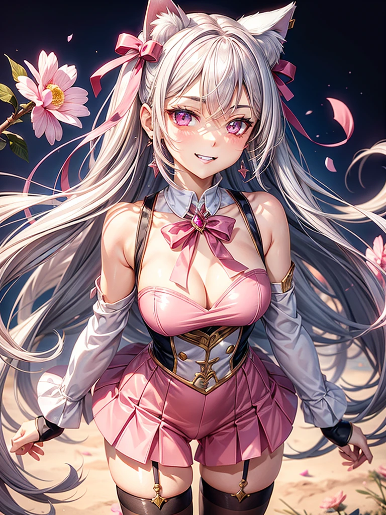Silver hair, pink eyes, body, cat ears, adult girl, earrings, flower sky background, red pink gold uniform, hair bows, happy face, thigh up, holding cat