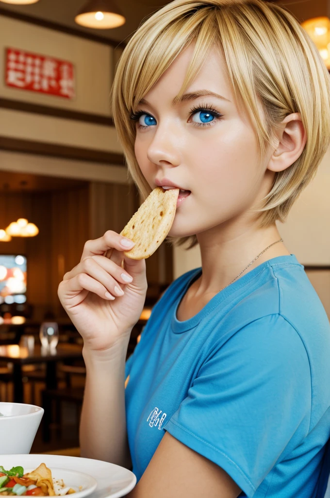 Anime girl with short blonde hair and blue eyes eating a snack in a restaurant