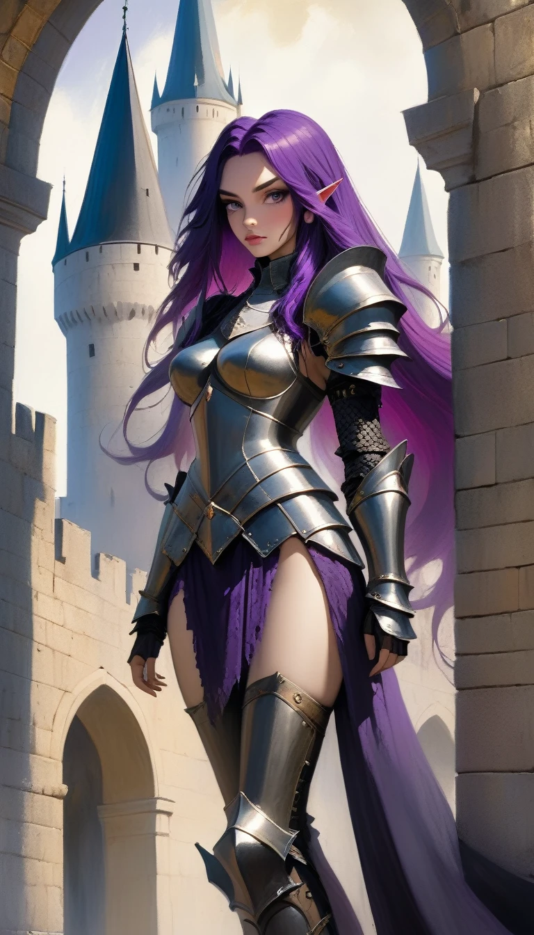 sexy girl Gothic warrior with highly detailed large armor, long purple hair, on a castle terrace from which you can see the views of an impressive medieval city (art inspired by Bill Sienkiewicz). oil painting)