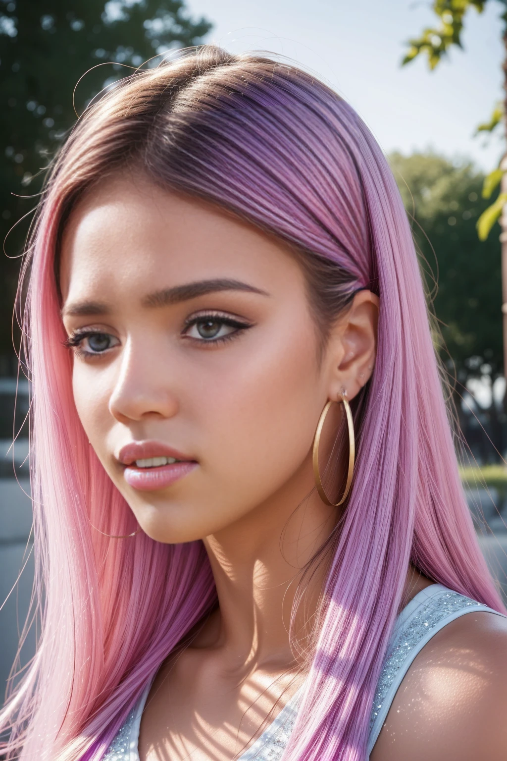 Beautiful voluminous bright pink and purple gradient
 decorated with sparkling diamonds, solfeggio treble clef, the inscription "Trance 2024 Relax Music V.8" is in clear focus and well lit, and a beautiful realistic girl with makeup is depicted on the side, the girl's hair is gradient blue and white, the girl looks like Jessica Alba in headphones with gold earrings.and on the headphones there is a three-dimensional inscription text "Trance 2024",expressive eyes, Provence, atmospheric lighting, ultra-realistic photography, ultra-detailed skin, highly detailed texture, soft light, saturation, contrast (masterpiece), ultra full HD 4K, Clear focus, noise reduction ,