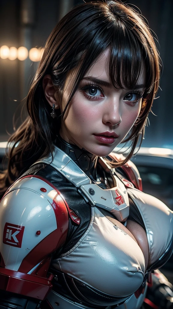 masterpiece, Highest quality, Ultra-realistic, Ultra-detailed, ((8K resolution:1.2)), RAW Photos, Sharp focus, (One girl), alone, ((Gorgeous face:1.2)), Perfect body, Mature Woman, Age 25,  Portraiture, Mecha, White and Red Armor, Nanosuit, sexy, Messy Hair, Cinematic, Cinematic light, ((Natural big breasts:1.4)),((Upper Body))