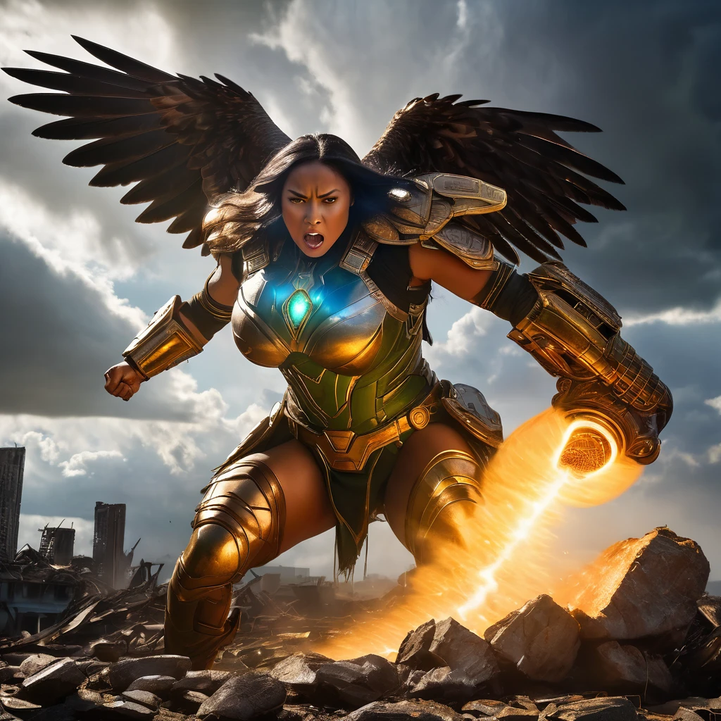 A gripping cinematic scene of a fierce female superhero named Hawk Tua, spitting fire contemptuously on a vile, otherworldly artifact. The character is lit by shadowy, dramatic lighting, revealing a the head of a giant hawk and the body of a strong female human. The artifact is a strange, pulsating phallic shaped object that seems to be glowing with an ominous energy. The background reveals a battle-scarred landscape, with the remnants of a destroyed city and ominous storm clouds looming overhead.