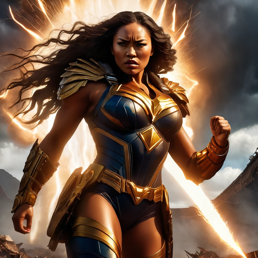 A gripping cinematic scene of a fierce female superhero  named Hawk Tua, spitting fire contemptuously on a vile, otherworldly artifact. The character is lit by shadowy, dramatic lighting, revealing a the head of a giant hawk and the body of a strong female human. The artifact is a strange, pulsating phallic shaped  object that seems to be glowing with an ominous energy. The background reveals a battle-scarred landscape, with the remnants of a destroyed city and ominous storm clouds looming overhead.