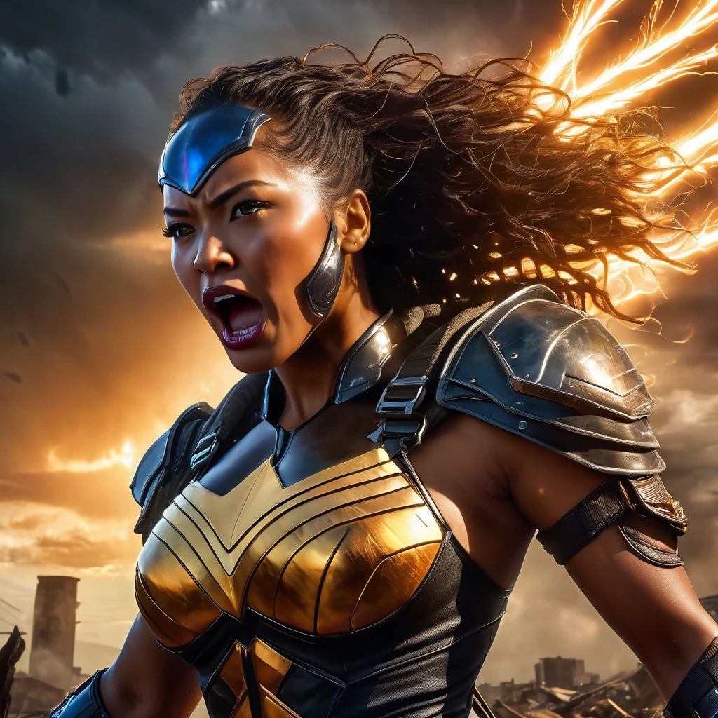A gripping cinematic scene of a fierce female superhero named Hawk Tua, spitting fire contemptuously on a vile, otherworldly artifact. The character is lit by shadowy, dramatic lighting, revealing a the head of a giant hawk and the body of a strong female human. The artifact is a strange, pulsating phallic shaped object that seems to be glowing with an ominous energy. The background reveals a battle-scarred landscape, with the remnants of a destroyed city and ominous storm clouds looming overhead.
