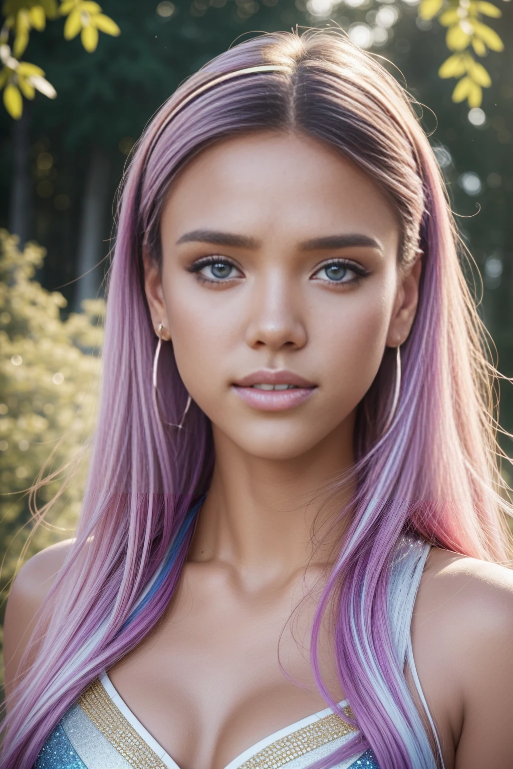 Beautiful voluminous bright pink and purple gradient
 decorated with sparkling diamonds, solfeggio treble clef, the inscription "Trance 2024 Relax Music V.8" is in clear focus and well lit, and a beautiful realistic girl with makeup is depicted on the side, the girl's hair is gradient blue and white, the girl looks like Jessica Alba in headphones with gold earrings.and on the headphones there is a three-dimensional inscription text "Trance 2024",expressive eyes, Provence, atmospheric lighting, ultra-realistic photography, ultra-detailed skin, highly detailed texture, soft light, saturation, contrast (masterpiece), ultra full HD 4K, Clear focus, noise reduction ,