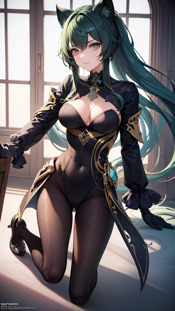 masterpiece, highest quality, (solo focus), (perfect face:1.1), (full body), (high detail:1.1), (hyper detailed eyes), dramatic, a woman with paleskin and long dark green hair, bright green eyes, solo, arrogant expression, neon cybernetic outfit, white background, art by artgerm, cinematic lighting, fashion, BalenciagaStyle