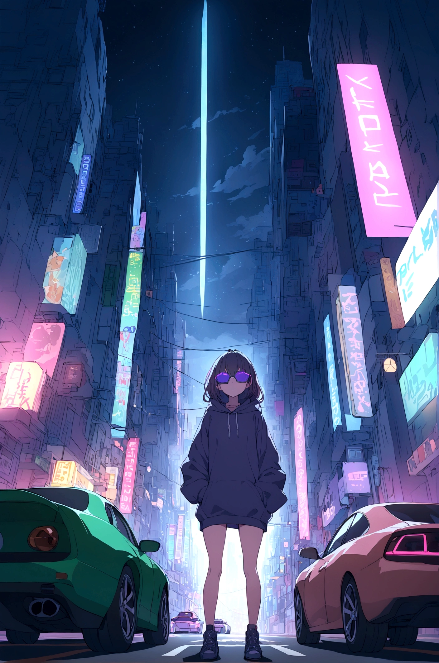 Slim girl standing at the middle of road, wearing black purple hoodie, wearing cyber glasses, neon city, at night, cars