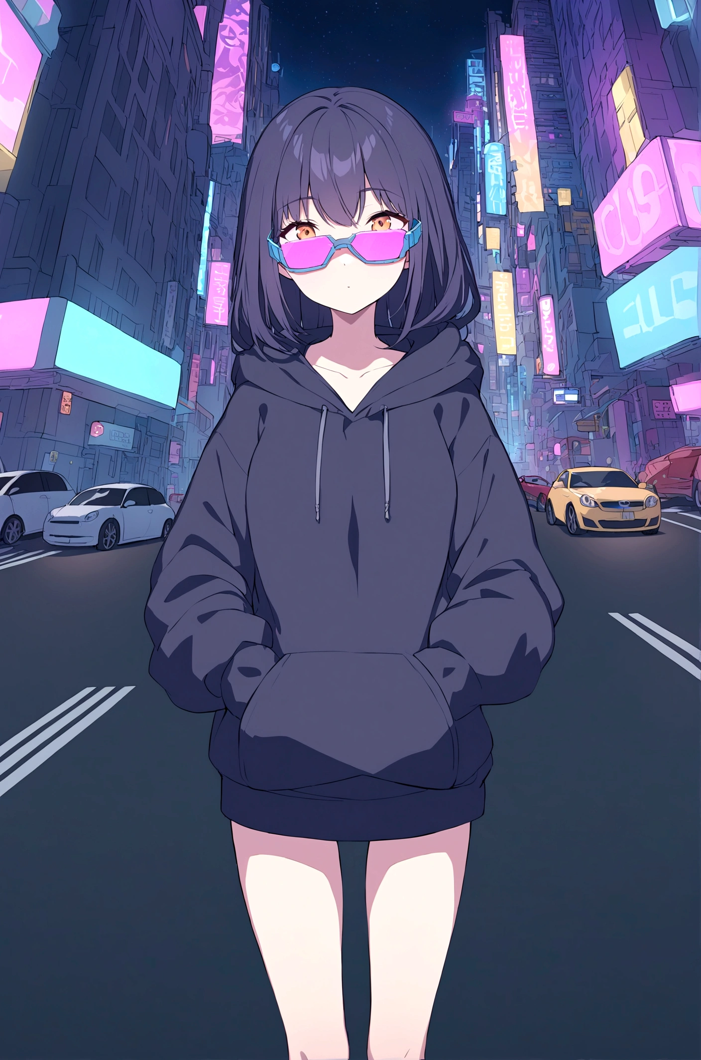 Slim girl standing at the middle of road, wearing black purple hoodie, wearing cyber glasses, neon city, at night, cars