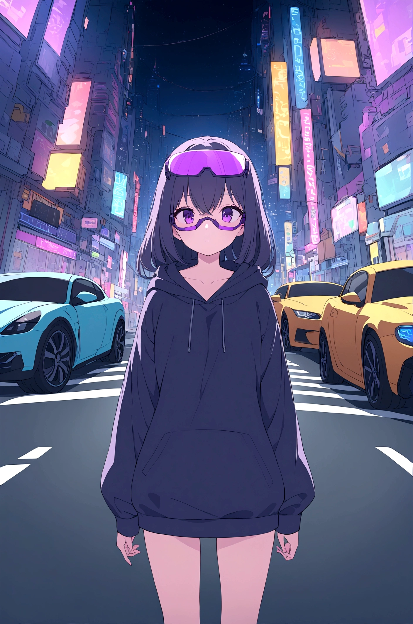 Slim girl standing at the middle of road, wearing black purple hoodie, wearing cyber glasses, neon city, at night, cars