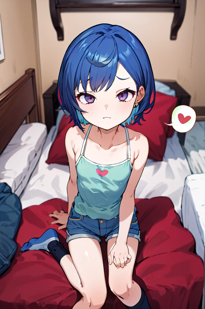 masterpeace, best quality, highres, 1girl, solo, blue hair, ,looking viewer,,spoken heart,6yo,(***ite), ,camisole,denim shorts,socks,expressionless,flat chest, my room