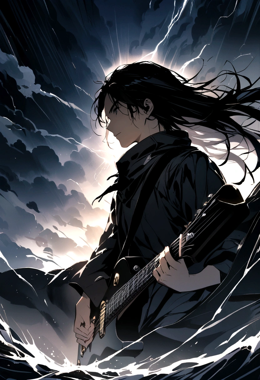 boy a shadow on the face of very long black hair in black clothes with a guitar on a background of storm and rays 