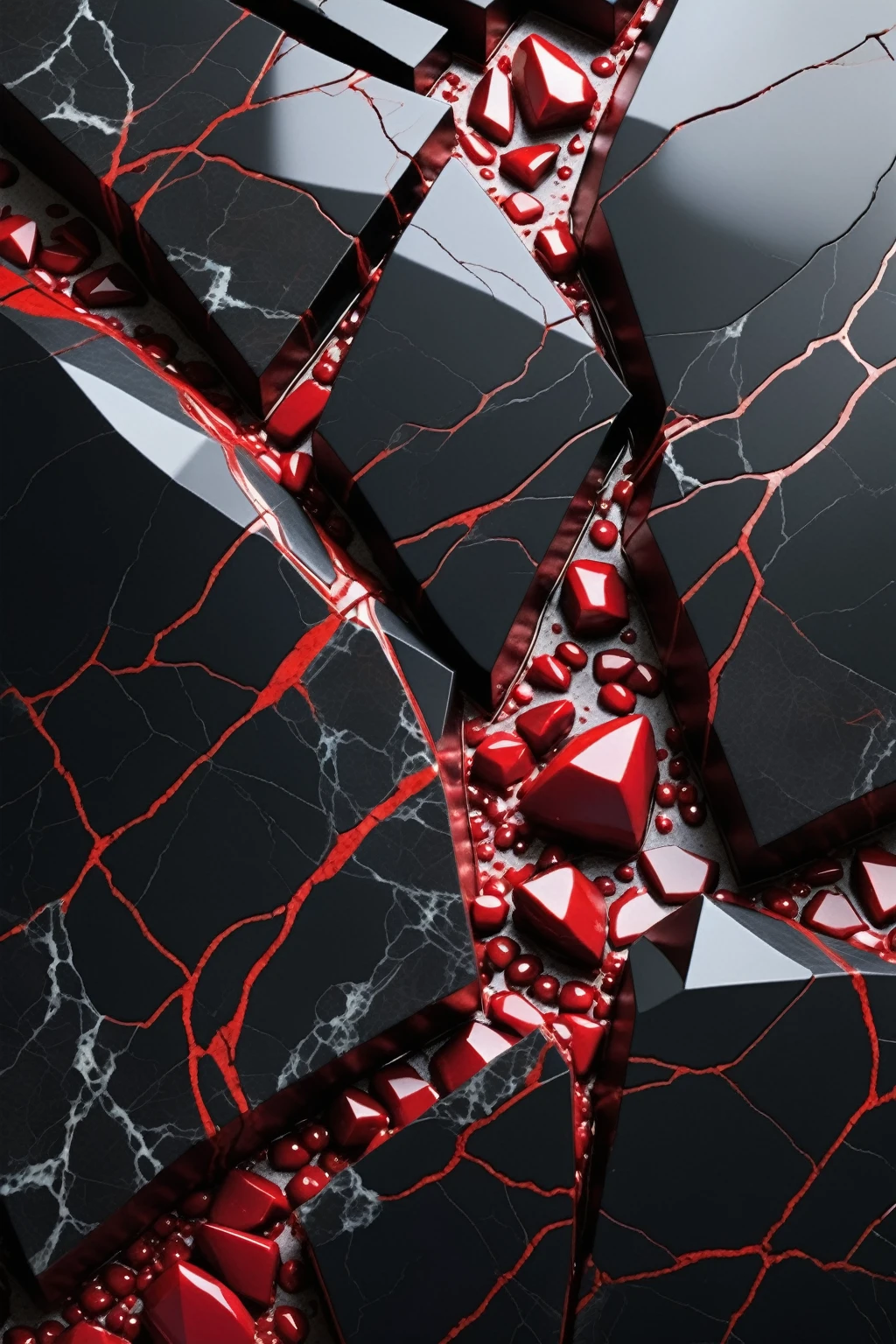 a beautiful abstract image of fractured black marble with red ruby shards embedded in between the cracks, highly detailed, intricate design, marble material, BY Anne Bachelier,