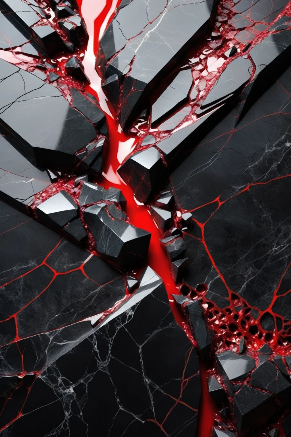 a beautiful abstract image of fractured black marble with red ruby shards embedded in between the cracks, highly detailed, intricate design, marble material, BY Anne Bachelier,