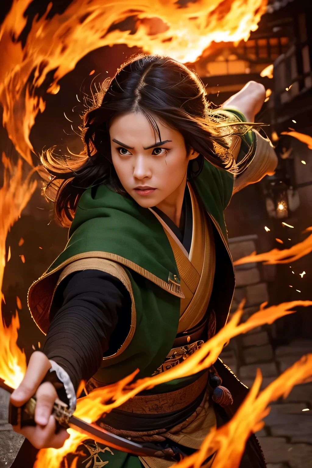 (masterpiece), (Highest quality), Draw a dynamic scene featuring a character wearing a green and black checkered cloak, holding a sword in a powerful pose. The character has short, dark brown hair with a scar on their forehead and is giving a fierce, determined look. The character grips a katana from which intense flames swirl. The flames are depicted in vibrant orange and yellow, spiraling outward from the sword and surrounding the character. The flames should have a sense of motion and energy, creating a dramatic effect. The background should depict an Edo period Japanese town, with traditional wooden buildings, narrow streets, and lanterns. The dark night sky contrasts with the warm glow of the flames, illuminating the character and parts of the street, creating a strong, dramatic contrast. The overall scene should be energetic, visually striking, and rich in historical detail.