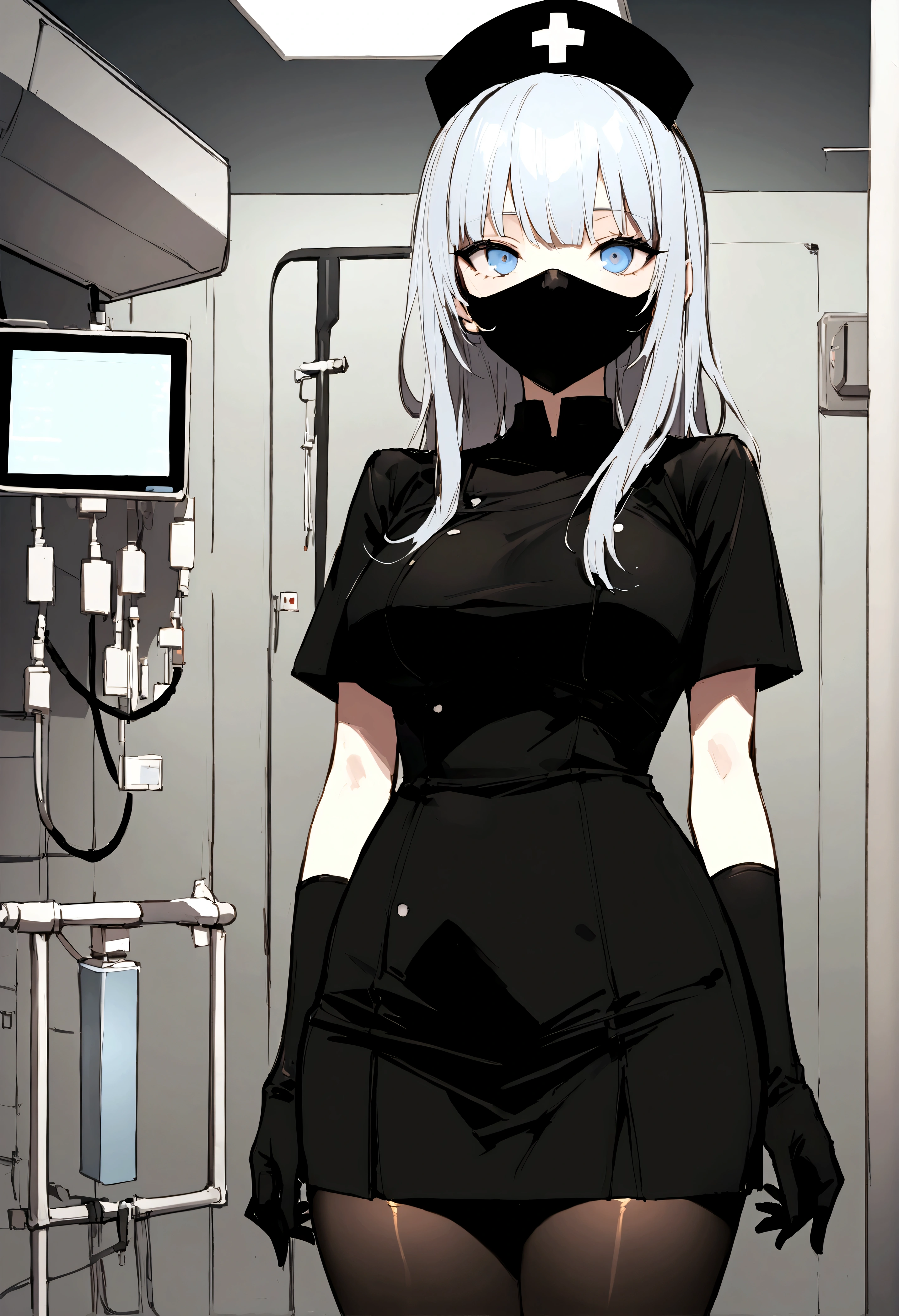 black nurse, 1 girl, alone, black nurse cap, black colored clothes, ((black tights, zettai ryouiki)), black, Elbow-length gloves, by rubio, blue eyes, ((black OP-Maske, covered nose)), standing upright, ((operating room)), sharp contour, short sleeves, best quality, masterpiece