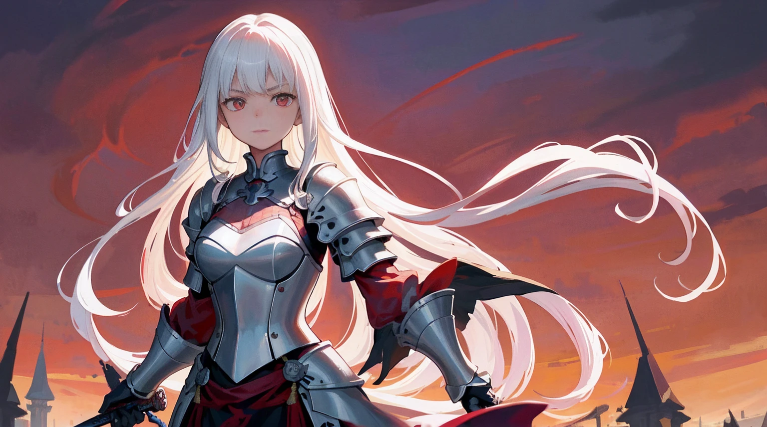 A age girl,White hair and red eyes,long whitr hair,Original Character、fantasy concept art、Volumetriclighting、Best shadow、shallowdepthoffield、Portrait of a noble knight、Dignified、Sophisticated tactical heavy armor、Tassel waistband、Hand Guard、Pauline、High quality armor texture,sword sheath,Stand up,arms folded,Gaze towards the viewer,Dazzling sunlight,rose garden,Rose thorn shrub,(HighestQuali,astonishing detail:1.25),(solo:1.3),Brilliant and colorful paintings
