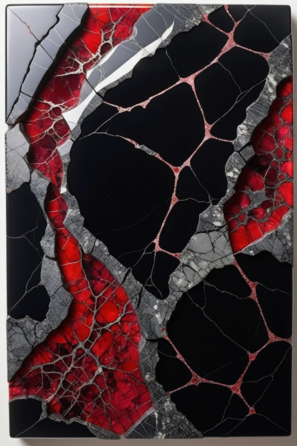 a beautiful slab of obsidian black marble, fractured with red ruby shards embedded in between the cracks, highly detailed, intricate design, marble material, BY Anne Bachelier,