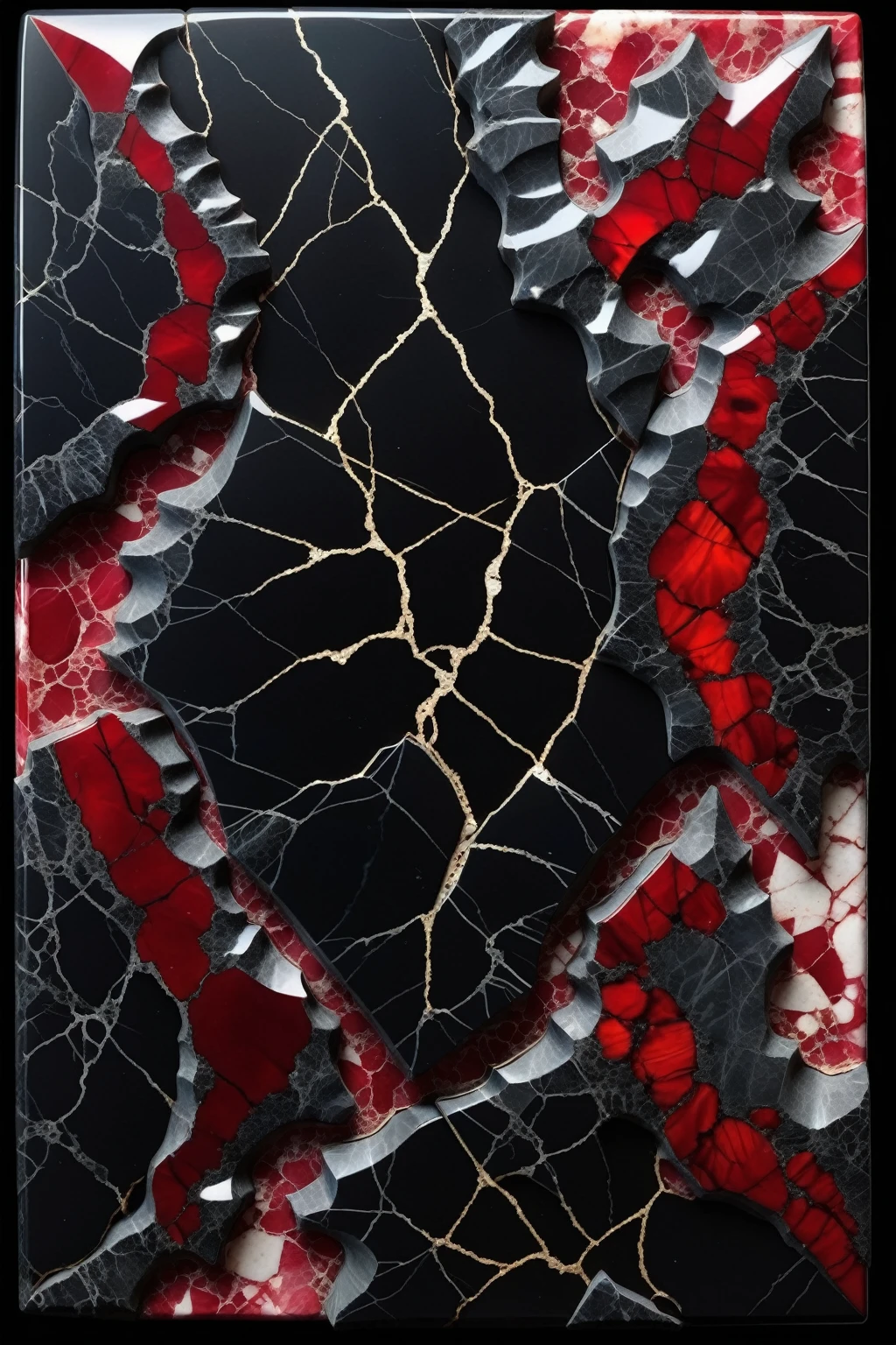 a beautiful slab of obsidian black marble, fractured with red ruby shards embedded in between the cracks, highly detailed, intricate design, marble material, BY Anne Bachelier,