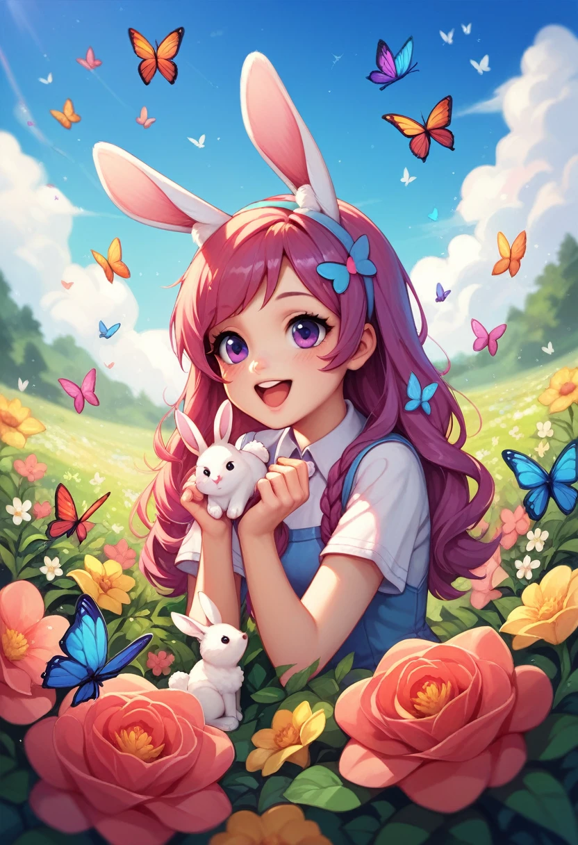 Cute kawaii nature scene, colorfilul clouds, rainbow, flowers, butterflies, bunnies