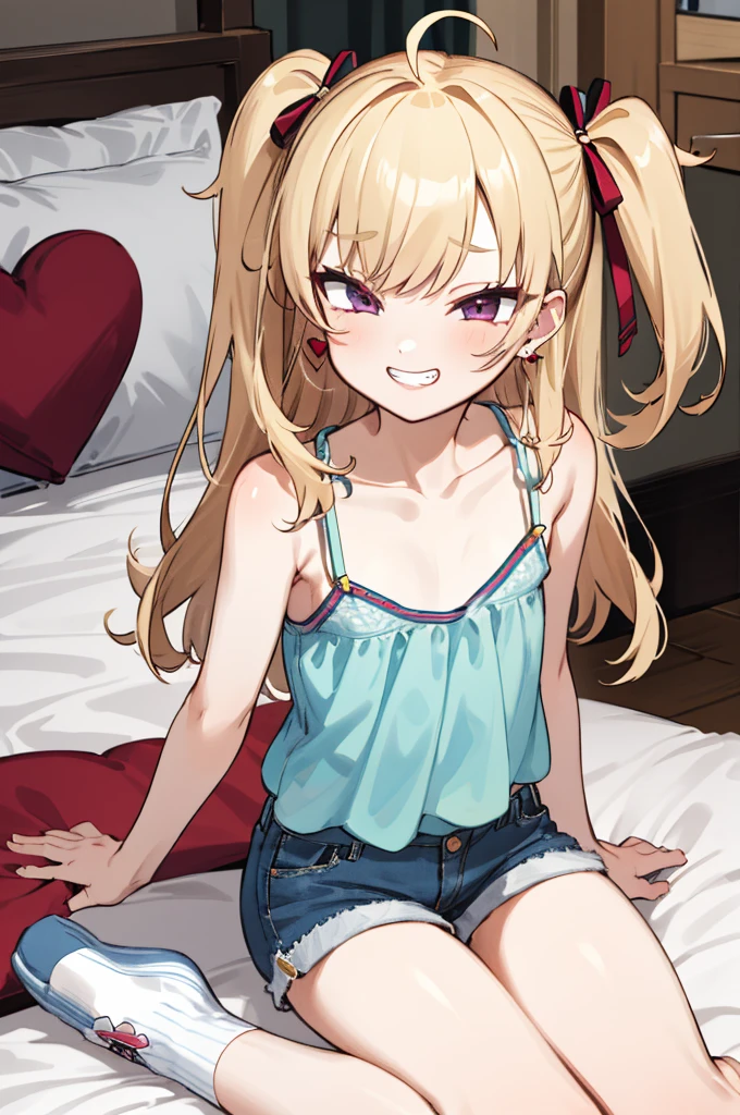 masterpiece, best quality, highres, hmtr, two side up, long hair, ahoge, hair ribbon, red ribbon, earrings,,looking viewer,,spoken heart,6yo,(petite), ,camisole,denim shorts,socks,expressionless,flat chest, my room,grin
