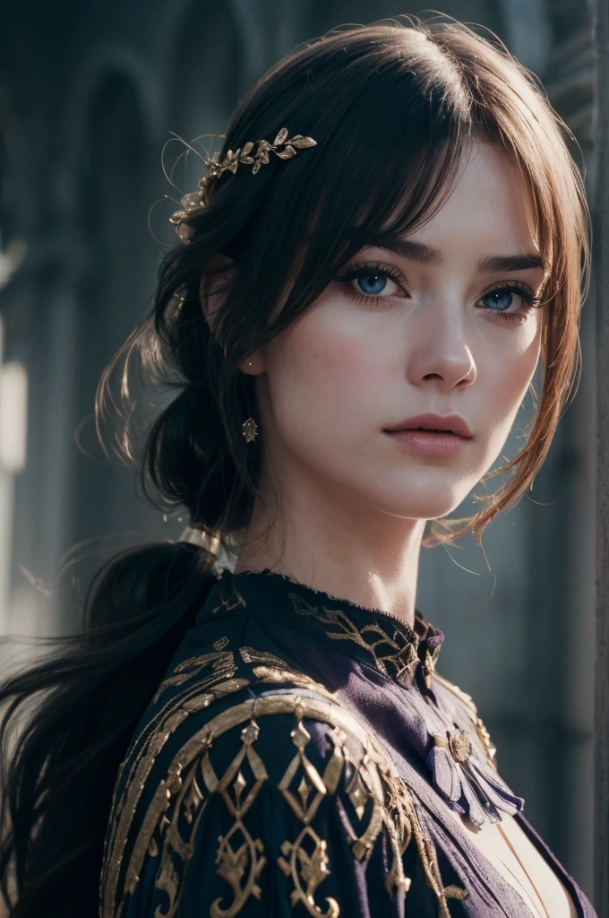 A adult girl in realistic portrait of high quality and detail, Clorinde (Genshin Impact), 2000's movie style, french girl, dark and mysterious atmosphere, pale skin, glow, eye shadow, 1girl, thriller fantasy, Depth & Perspective, sadness on her face, ponytail purple hair, purple eyes, Mystical powers, fine face, standing on a hill, outside, the royal palace of the 19th century on the background, blue sky, white cloud, looking at viewer, (ultra-high detail:1.2), Masterpiece, Best Quality, Ultra-detailed, Cinematic lighting, 8K, delicate features, cinematic, 35 mm lens, f/1.9, highlight lighting, global lighting –uplight –v 4, cinematic, intense gaze, Cinematic lighting, 8K, high quality, Highest Quality, (Solo Focus), (extremly intricate:1.3), (Realistic), dramatic, masterful, Analog style, (Film grain:1.5), (warm hue, cold tone), a close up of a person surrounded, destruction behind back