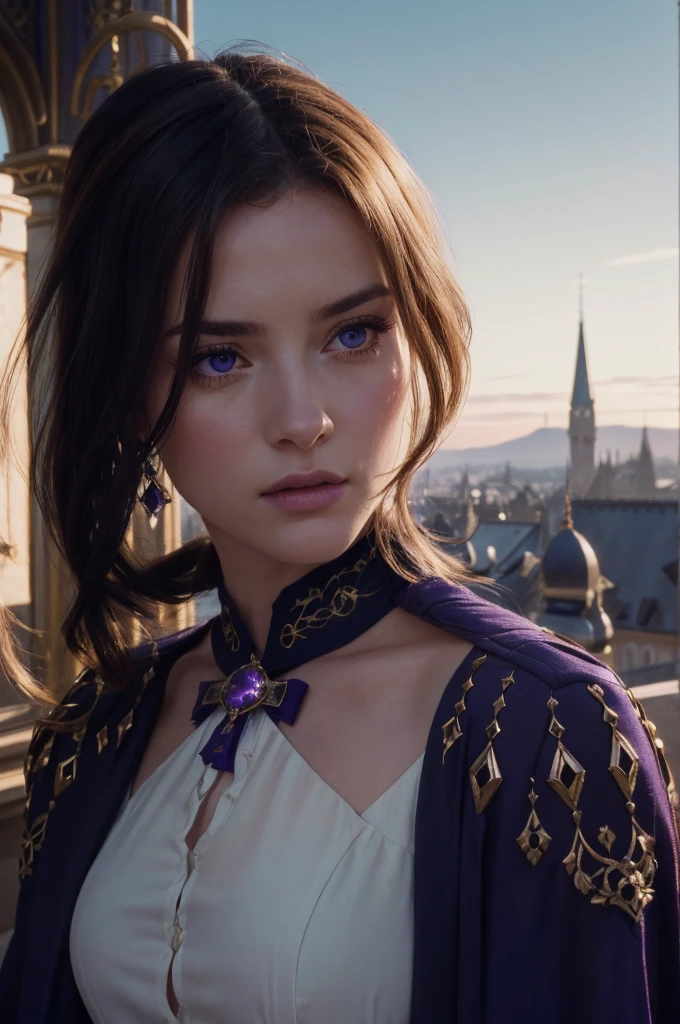 A adult girl in realistic portrait of high quality and detail, Clorinde (Genshin Impact), 2000's movie style, french girl, dark and mysterious atmosphere, pale skin, glow, eye shadow, 1girl, thriller fantasy, Depth & Perspective, sadness on her face, ponytail purple hair, purple eyes, Mystical powers, fine face, standing on a hill, outside, the royal palace of the 19th century on the background, blue sky, white cloud, looking at viewer, (ultra-high detail:1.2), Masterpiece, Best Quality, Ultra-detailed, Cinematic lighting, 8K, delicate features, cinematic, 35 mm lens, f/1.9, highlight lighting, global lighting –uplight –v 4, cinematic, intense gaze, Cinematic lighting, 8K, high quality, Highest Quality, (Solo Focus), (extremly intricate:1.3), (Realistic), dramatic, masterful, Analog style, (Film grain:1.5), (warm hue, cold tone), a close up of a person surrounded, destruction behind back