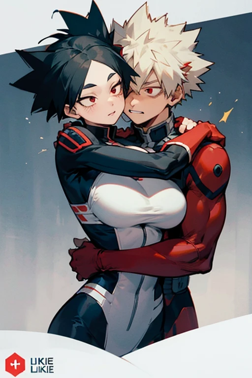 Screenshot of my hero academia.
She is a girl with half white and half black hair, she has red eyes, she has big breasts, she is wearing a UA suit and she is hugging Bakugo Katsuki. .