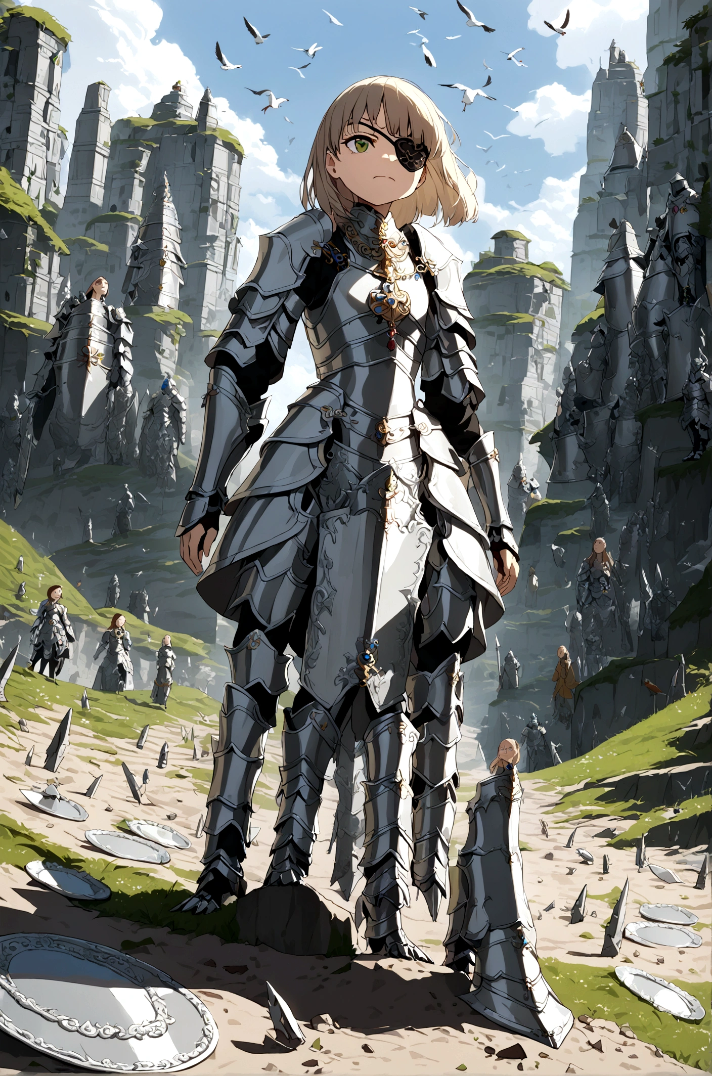Slim tall girl, stern face expression,  standing on steep heel, sunny day, ((wearing silver heavy plate full armor with ornament)), eyepatch, broken spears in the ground around, birds in sky far away