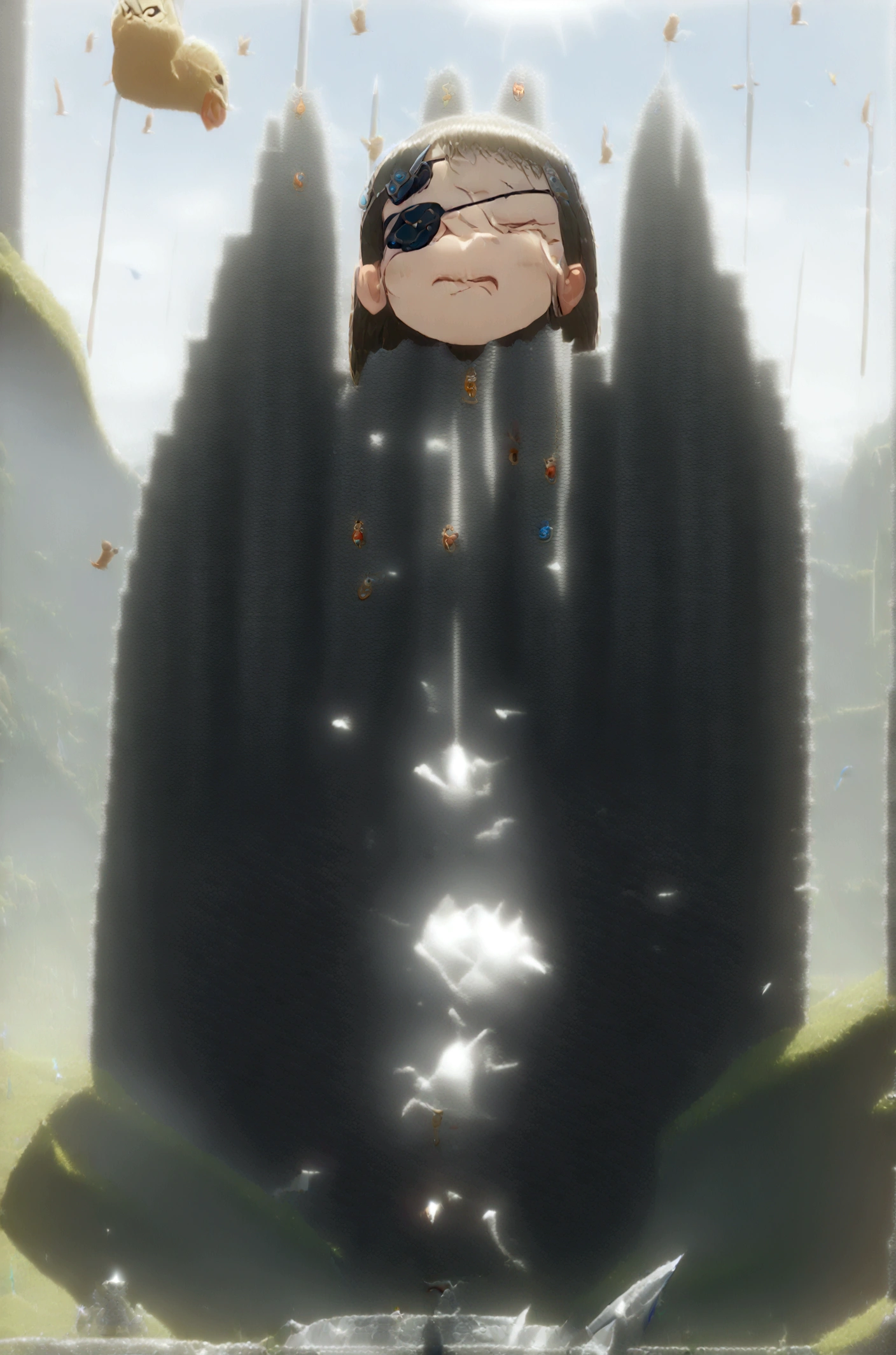 Slim tall girl, stern face expression,  standing on steep heel, sunny day, ((wearing silver heavy plate full armor with ornament)), eyepatch, broken spears in the ground around, birds in sky far away