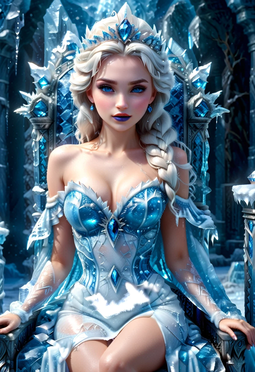 Arafed a picture of a frozen throne for an ice goddess, the goddess is sitting on her icy throne, wearing white and blue royal dress, glamorous dress,  dynamic hair, bold intense eyes, extremely exquisite beautiful queen, perfect body, (anatomically correct: 1.3), ultra feminine, ultra detailed face, dark blue  lips, azure glowing eyes, she sits on a (throne made from ice: 1.3) of regality, and might, throne carved from ice , legendary symmetric design, with (many carvings in the ice: 1.3), dynamic caevings on the handles decorated with (diamonds: 1.1), and (blue gems: 1.1), fantasy ice goddess hall room background, (masterpiece: 1.4) intense details, highly detailed, photorealistic, best quality, highres,16k, (ultra detailed:1.3(, masterpiece, best quality, (extremely detailed), close up, ultra wide shot, photorealistic, RAW, fantasy art, dnd art, fantasy art, realistic art,((best quality)), ((masterpiece)), (detailed: 1.5), ral-ntrgmstn, faize