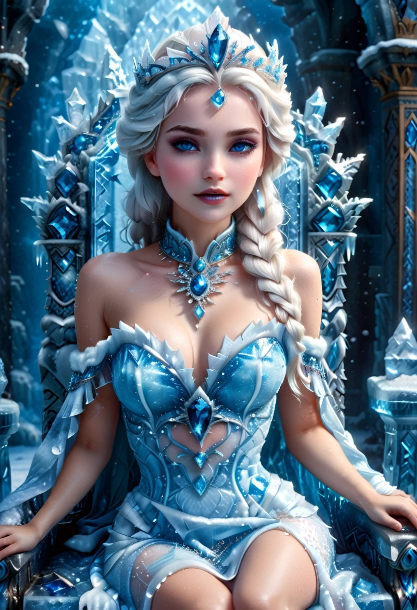 Arafed a picture of a frozen throne for an ice goddess, the goddess is sitting on her icy throne, wearing white and blue royal dress, glamorous dress, dynamic hair, bold intense eyes, extremely exquisite beautiful queen, perfect body, (anatomically correct: 1.3), ultra feminine, ultra detailed face, dark blue lips, azure glowing eyes, she sits on a (throne made from ice: 1.3) of regality, and might, throne carved from ice , legendary symmetric design, with (many carvings in the ice: 1.3), dynamic caevings on the handles decorated with (diamonds: 1.1), and (blue gems: 1.1), fantasy ice goddess hall room background, (masterpiece: 1.4) intense details, highly detailed, photorealistic, best quality, highres,16k, (ultra detailed:1.3(, masterpiece, best quality, (extremely detailed), close up, ultra wide shot, photorealistic, RAW, fantasy art, dnd art, fantasy art, realistic art,((best quality)), ((masterpiece)), (detailed: 1.5), ral-ntrgmstn, faize