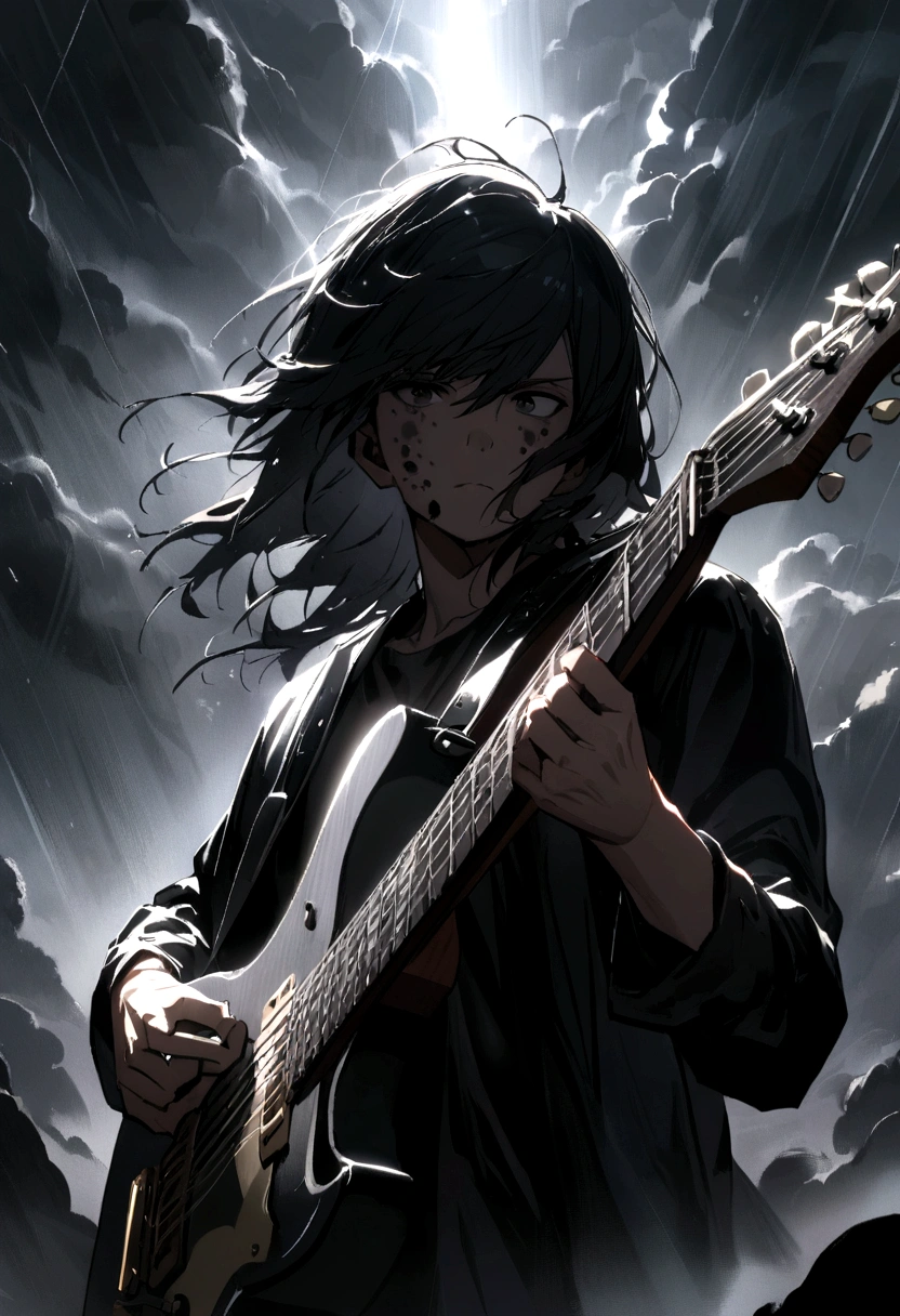 boy a shadow on his face dark black face very long black hair in black clothes with a guitar on a background of storm and rays