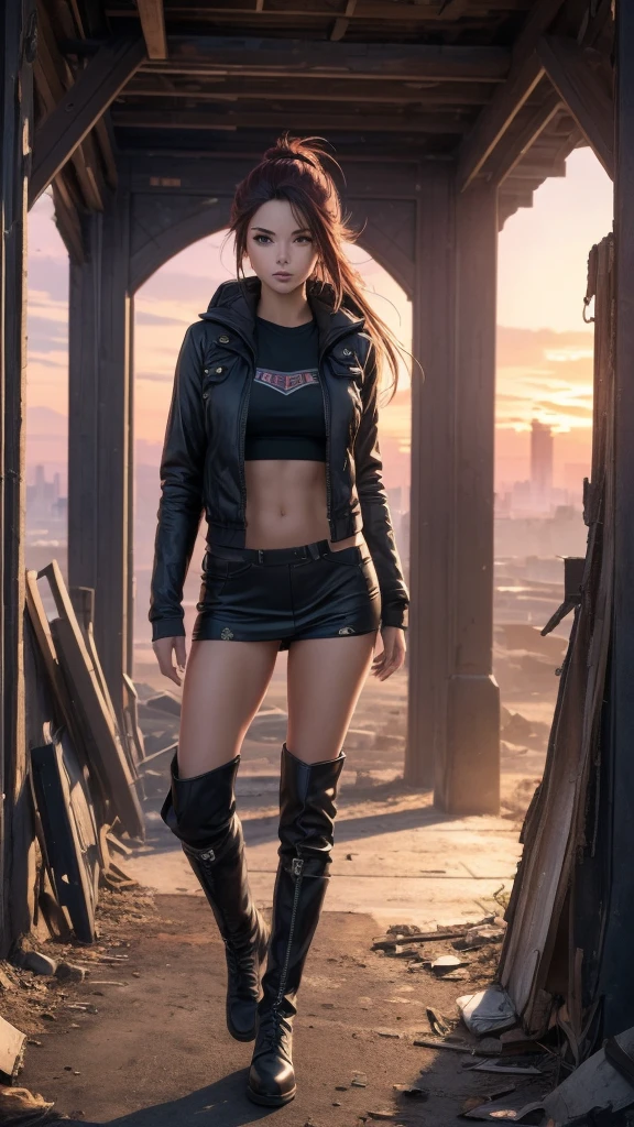 (best quality,4k,8k,highres,masterpiece:1.2),ultra-detailed,realistic:1.37,portrait,detailed eyes,detailed lips,elegant,alluring,seductive,Noble woman's clothing,post apocalyptic setting,dystopian scene,debris-filled background,hauntingly beautiful,soft lighting,vibrant colors,moody atmosphere full body portrait, epic perspective, dramatic lighting, aesthetically pleasing anime style, red sunset skies, knee high boots, slim and athletic body, urban casual tech wear 