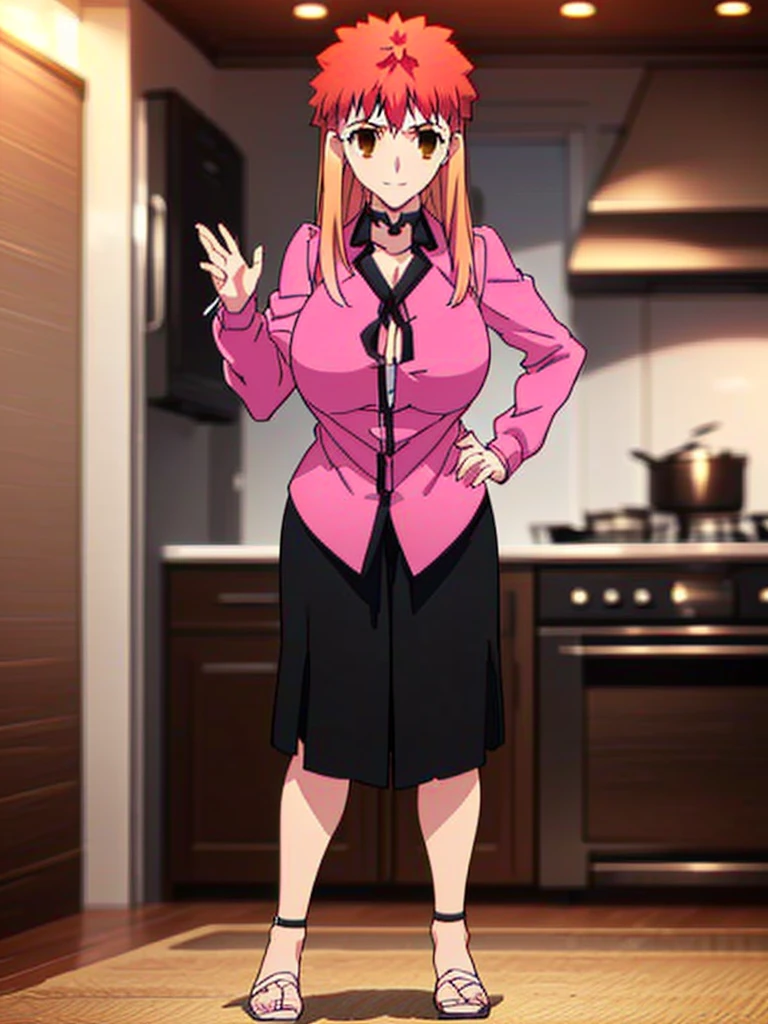 gran calidad ++ Extremely detailed high resolusionolution, very aesthetic, ojos expresivos, (((Cara perfecta))), (((face symmetrical))), ((good anatomy)), (((manos perfectas))), (((8k))), UHD, Fondo de pantalla HD, (((alta calidra detallada, (((((1girl)))))), solamente, Obra maestra, La mejor calidad, high resolusion, Altamente detallado, (illustration), hermosos ojos detallados, ((((full body))), ((((((shirou emiya)))))), (((fusion))), (((agglutination))), Combination, (((hembra madura))), (((Girl with characteristics of Shirou Emiya and irisviel von einzbern))), (((hombros estrechos))), (((cintura estrecha))), (((off-white pink:1.5))), Cabello largo, ((((spiked hair)))), ((((brown eyes1.5))), (((red shirt))), (((dress shirt))), (((((smile))))), (((enorme))), (((luxury house))), (((mansion))), (((kitchen))), (((preparing food))), (((gigantic breasts))), (((mature female))), Obra maestra, mejor calidad, ((Obra maestra)), ((mejor calidra descarrilado)), Parte superior del cuerpo, (((agglutination))), Pose con las manos en las caderaira la cara de la persona))), (((mirada cara a cara))),