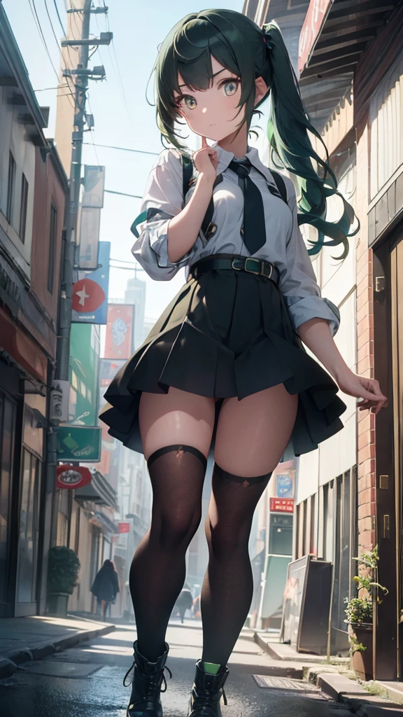 masterpiece, highest quality, (solo focus), (perfect face:1.1), (full body), (high detail:1.1), (hyper detailed eyes), dramatic, a woman with paleskin and long dark green hair, bright green eyes, solo, arrogant expression, neon cybernetic outfit, white background, art by artgerm, cinematic lighting, fashion, BalenciagaStyle