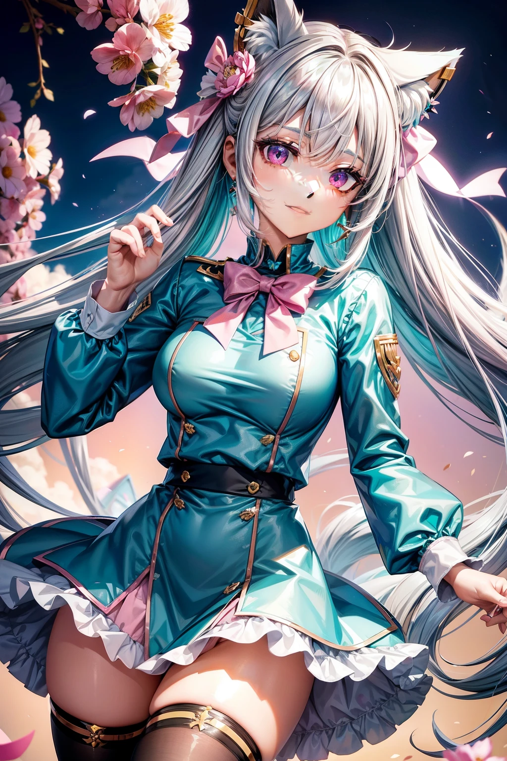 Silver hair, pink eyes, body, cat ears, adult girl, earrings, flower sky background, teal pink gold uniform, hair bows, happy face, thigh up, looking at viewer