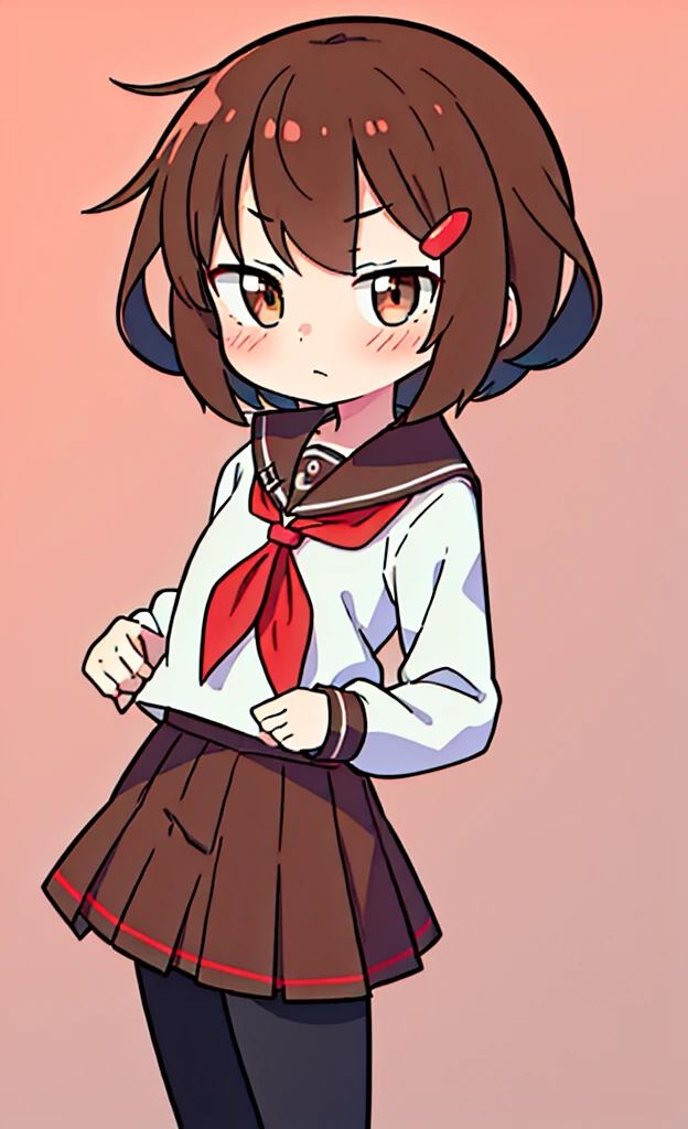 masterpiece,Highest quality,1 Girl,alone,Pokémon-like art style,(bold:1.6),(flat:1.5), BROWN_HAIR,SHORT_HAIR,HAIRCLIP,HAIR_ORNAMENT,BROWN_EYES,SERAFUKU,SCHOOL_UNIFORM,RED_NECKERCHIEF,PLEATED_SKIRT,LONG_SLEEVES,BLACK_PANTYHOSE,